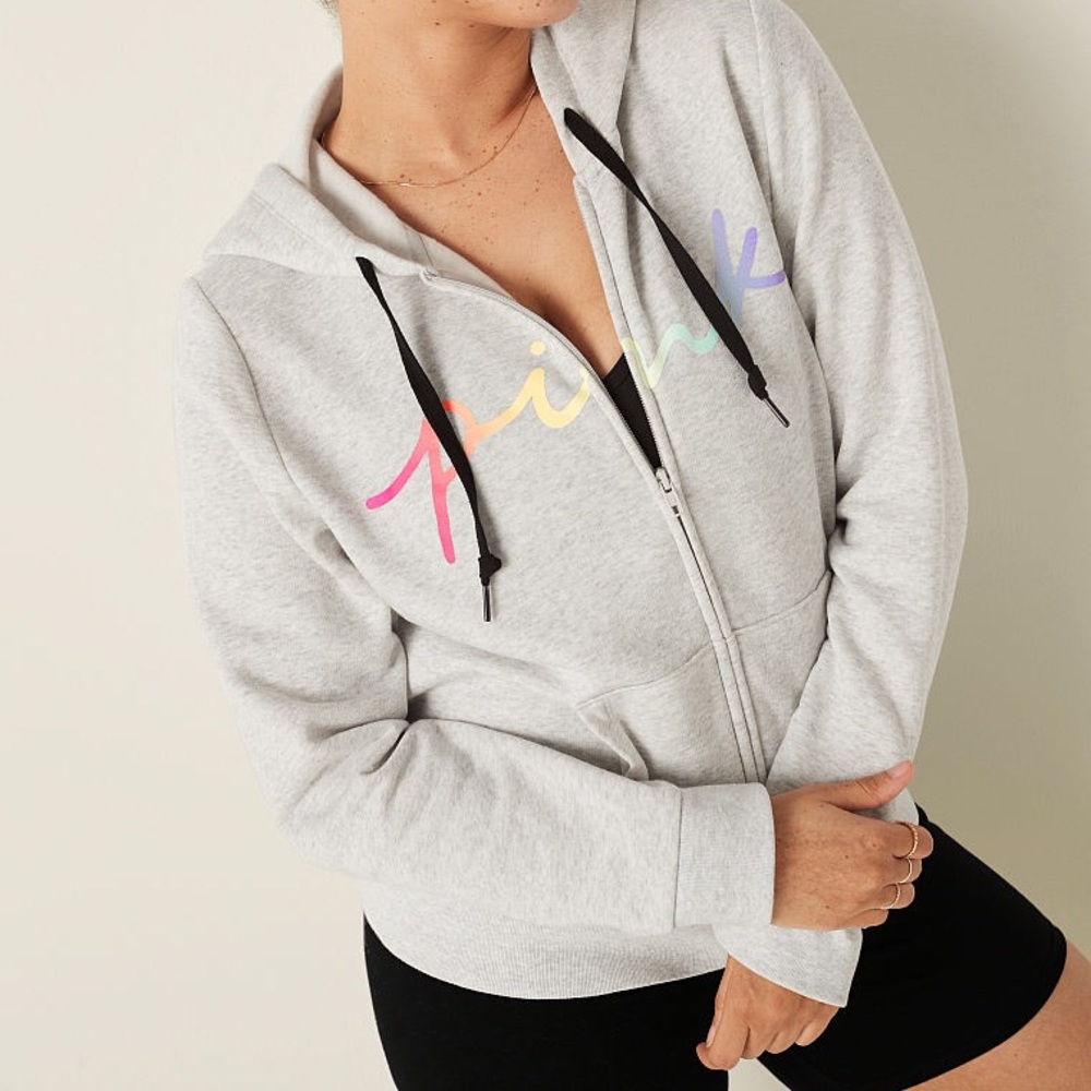 💗VS PINK GREY OMBRÉ RAINBOW SCRIPT FULLZIP HOODIE - Picture 4 of 6